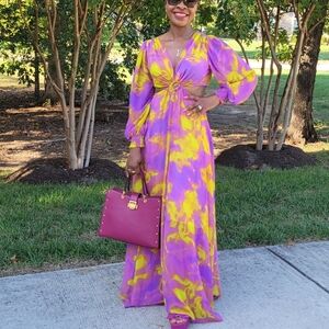 Purple and Pink V-Neck Maxi Sundress with Bishop Sleeves